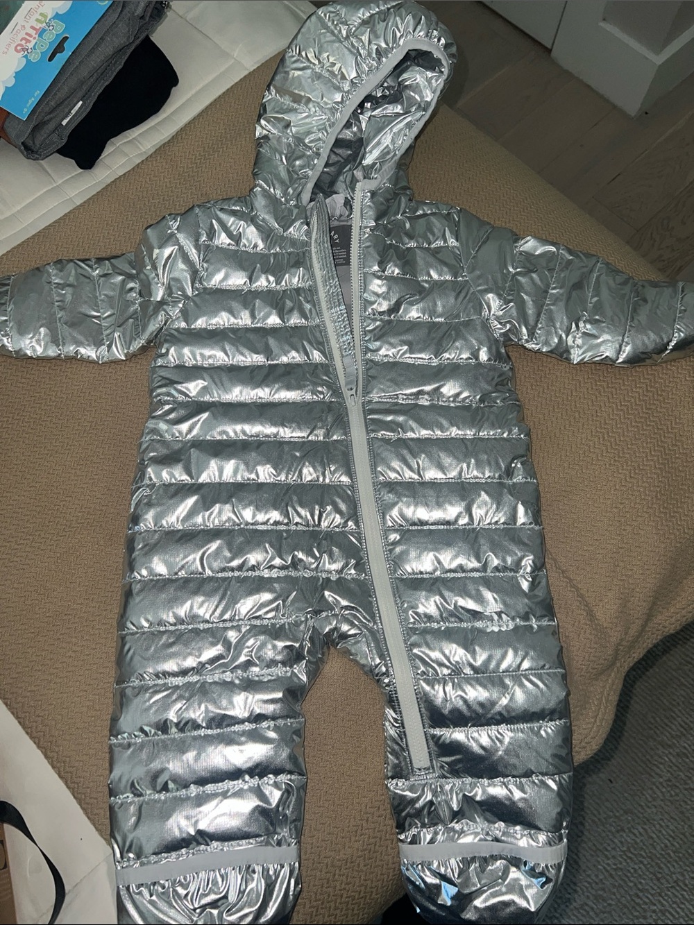 Primary- Metallic Silver Hooded Puffer One-Piece for Kids